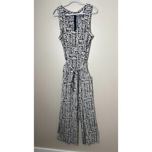 Chicos‎ Travelers Costa Pebble Blue White Tie Waist Jumpsuit 3 US XL 16 Packable